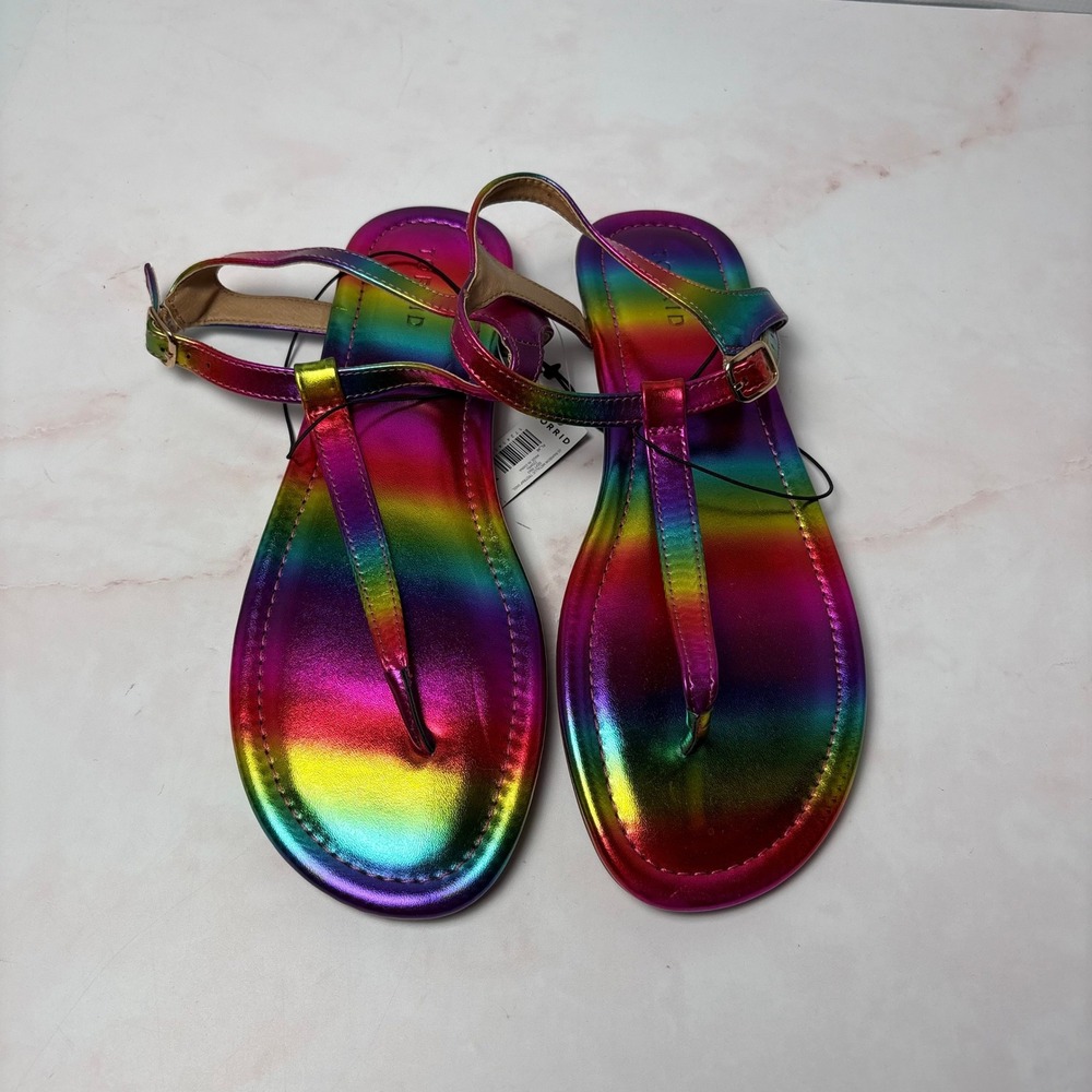 NWT Torrid Womens 11 Rainbow Metallic T-Strap Flat Sandals Fairy Grunge Festival